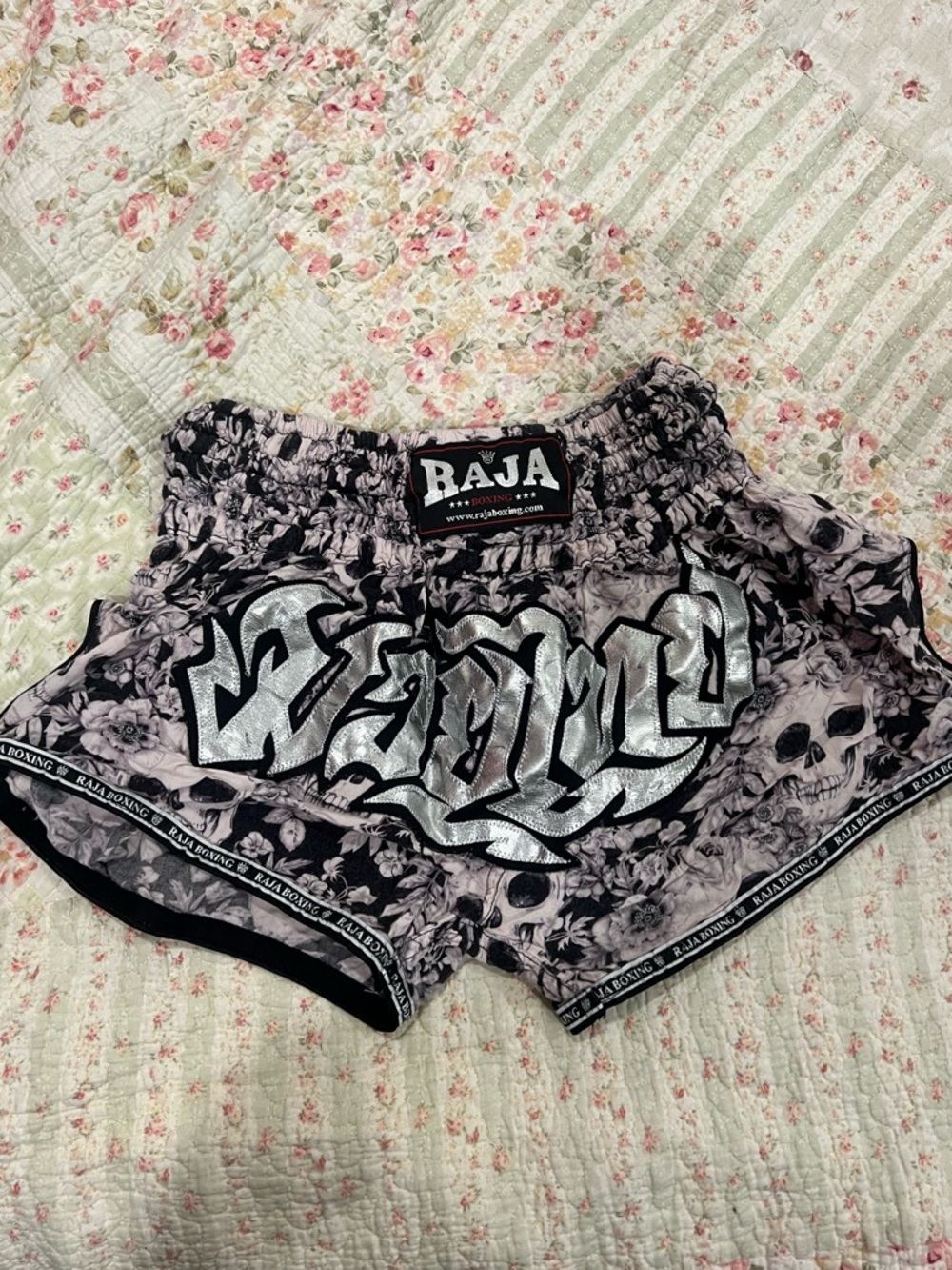 Raj Women's Skull & Floral Boxing Shorts in Black and Silver